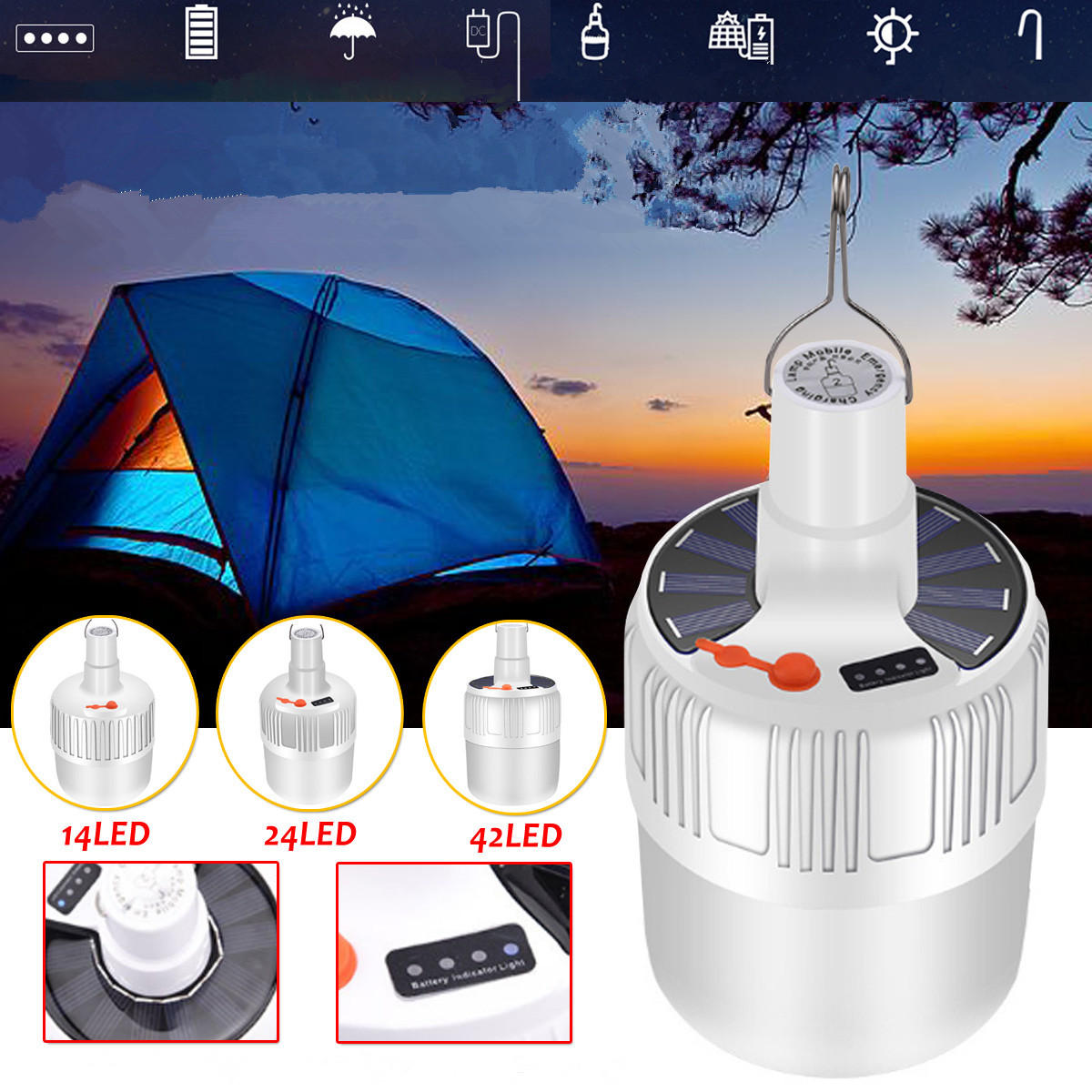 Lampadina LED ricaricabile USB, impermeabile, 5 modalità di luce solare per campeggio e emergenze all'aperto