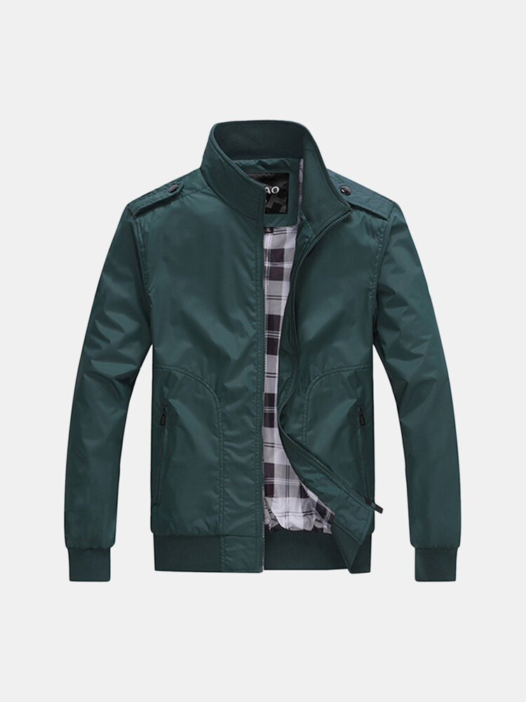 Image of Mens Casual Herbst Stehkragen Jacke einfarbig Nylon Zipper Pocket Coat