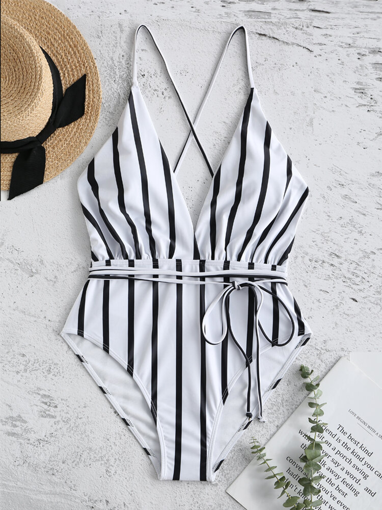 

Plunge V Neck Swimwear Cross Criss Backless String One-Pieces