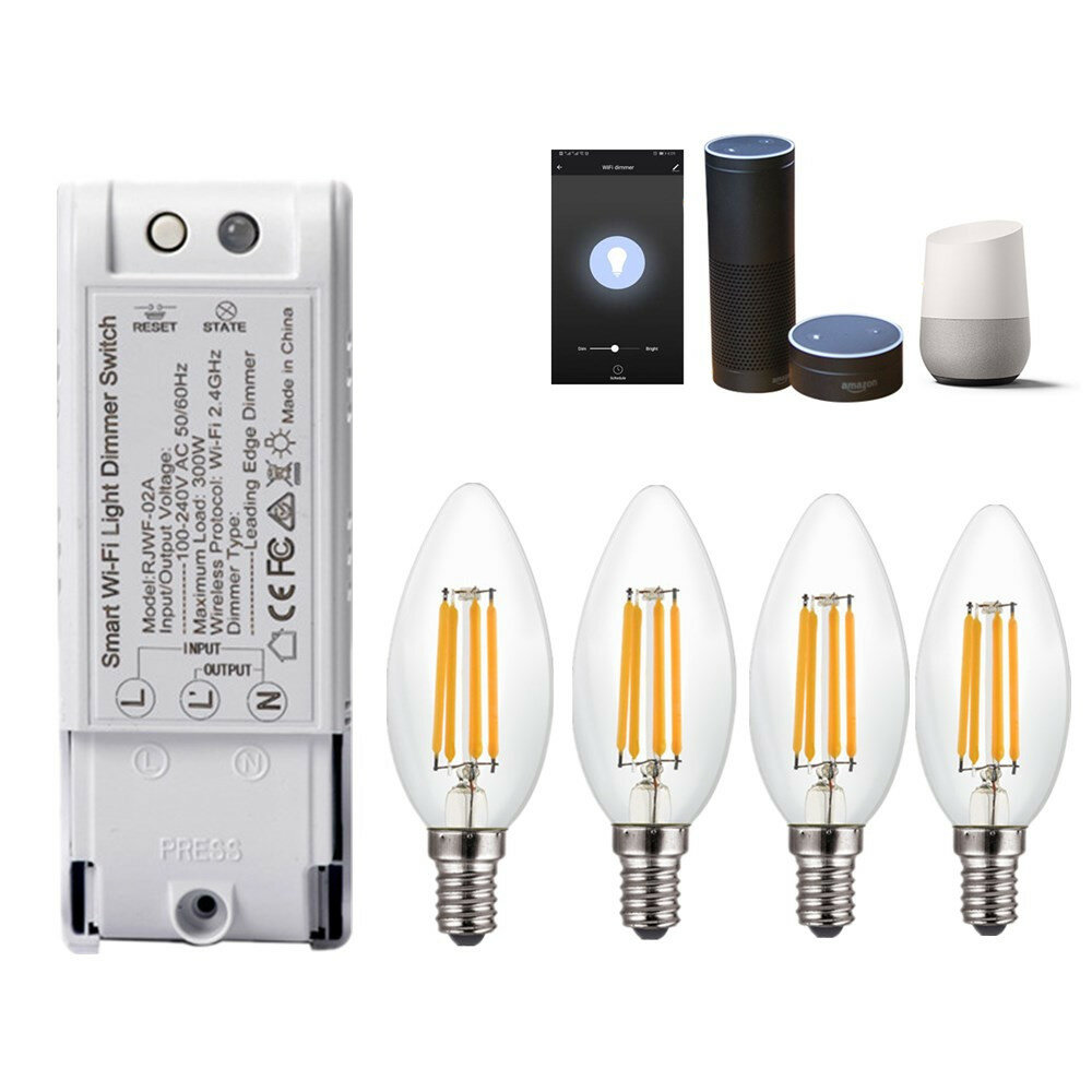 4PCS AC220V E14 4W Dimmable COB LED Candle Light Bulb + Smart WiFi Dimmer Light Switch Work With Amazon Alexa