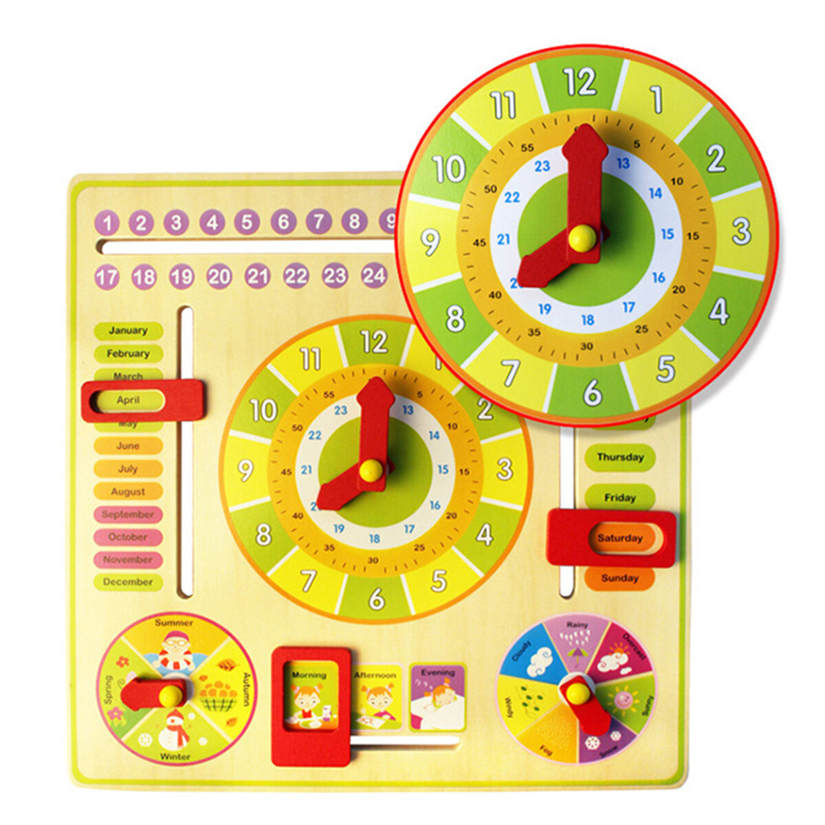 Houten multifunctionele leren klok speelgoed alarm kalender cognitie educatief speelgoed