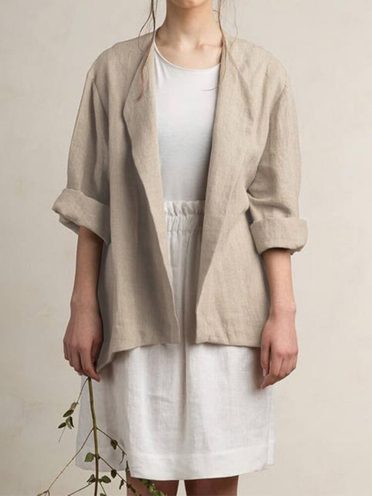Women Cotton Turn-down Collar Thin Coat Long Sleeve Solid Blazers