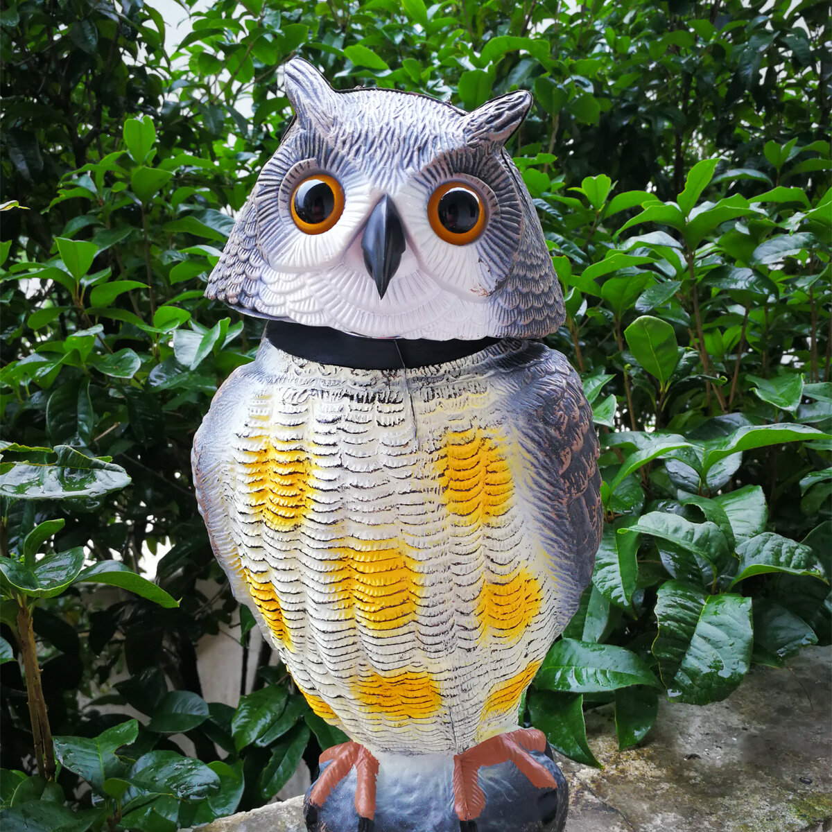 SGODDE Plastic Realistic Owl Decoy 360° Rotating Head Birds Pest Repellent Control Scare Crow Garden Yard Realistic Bird