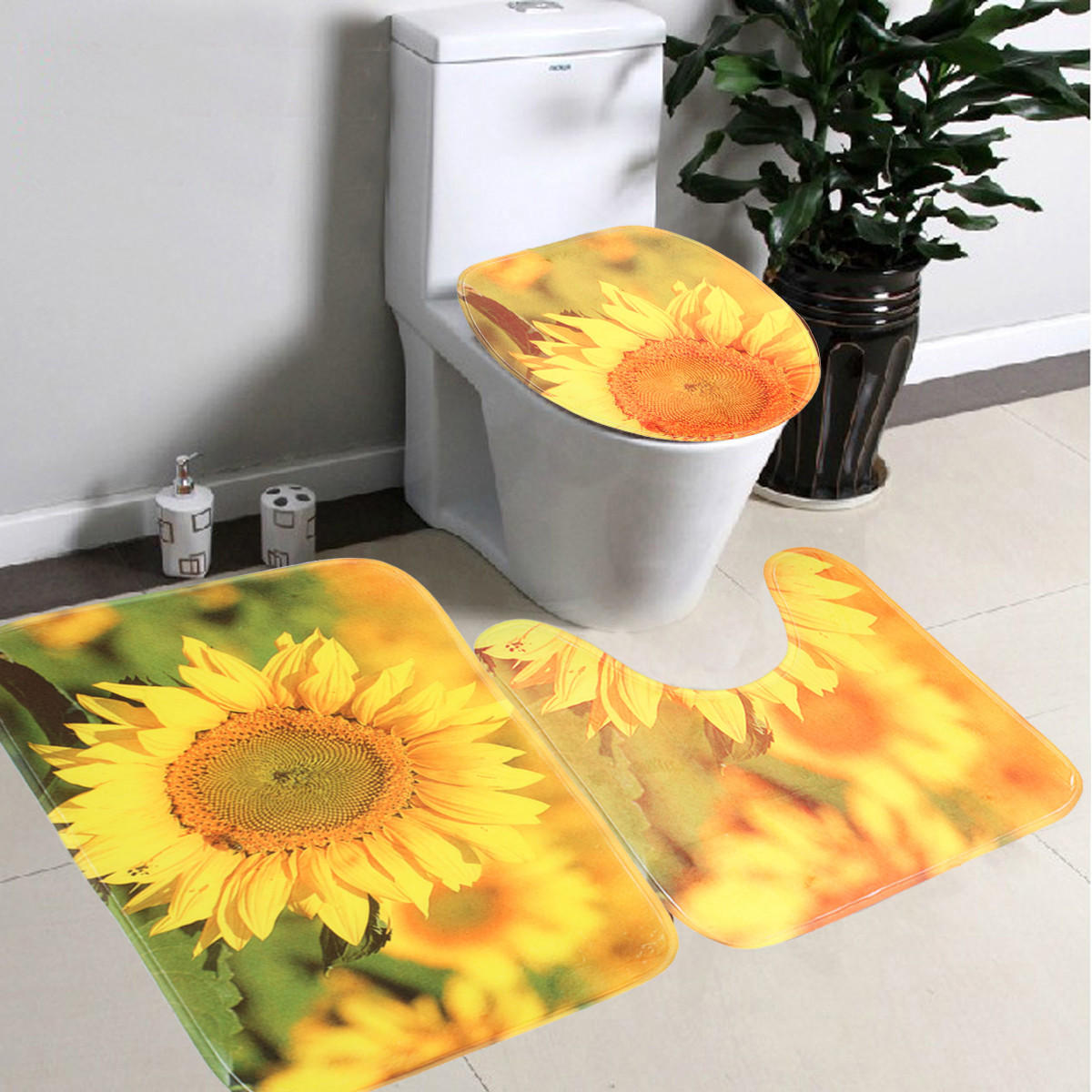 

3pcs/Set Yellow Sunflower Non-Slip Bathroom Pedestal Rug Lid Toilet Cover Bath Mat Floor Carpet Home Decor