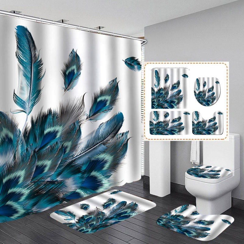 Peacock Feathers 4PCS Waterproof Bathroom Shower Curtain Toilet Cover Mat Non-Slip Floor Mat Rug Bathroom Set with 12 Ho
