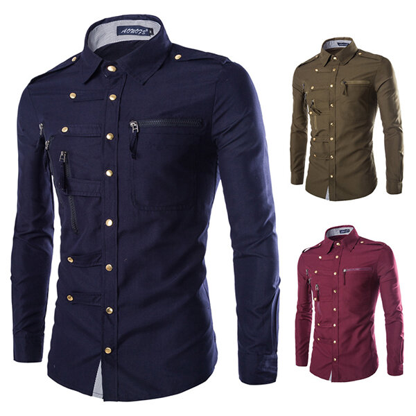 Image of Mens Stylish Fashion Druckknopf Multi Pockets Reiverschlsse Epaulet Dekoration Slim Fit Designer Shirt