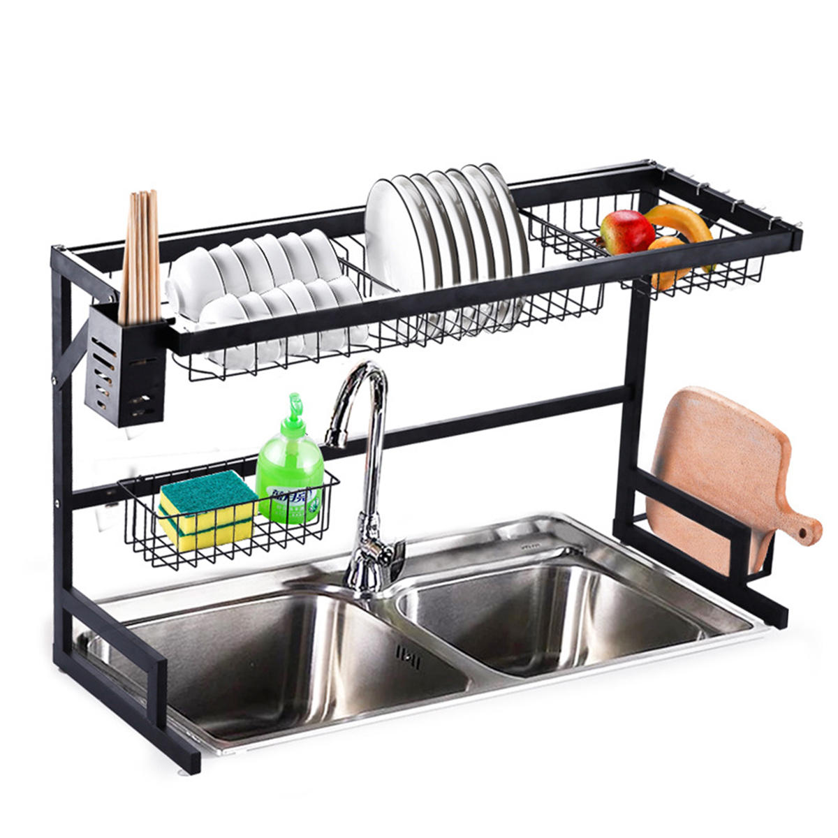 2 Tier Dish Drainer Over Double Sink Drying Rack Draining Tray