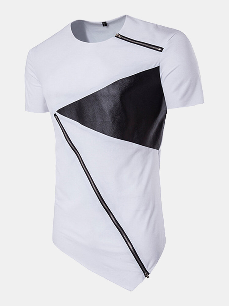 Image of Sommer Mens Hip-Hop Hit Farbe Zipper T-Shirt O-Ausschnitt kurze rmel Casual Baumwolle Tops Tees