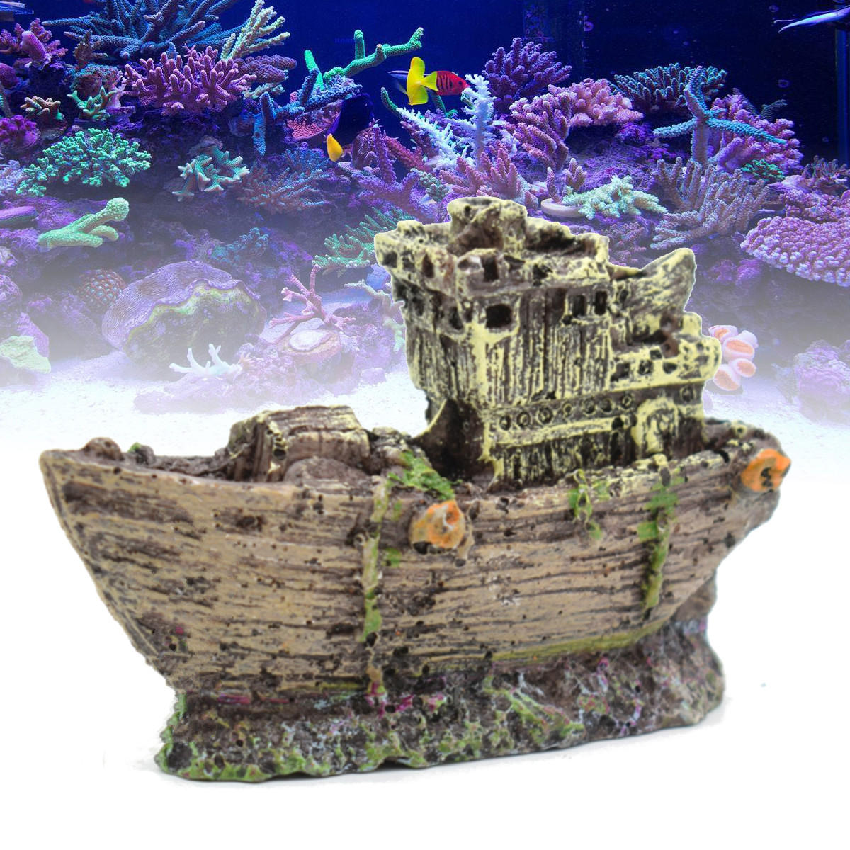 Aquarium Ornament Wreck Sailing Boat Sunk Ship Destroyer Fish Tank Cave Decor 