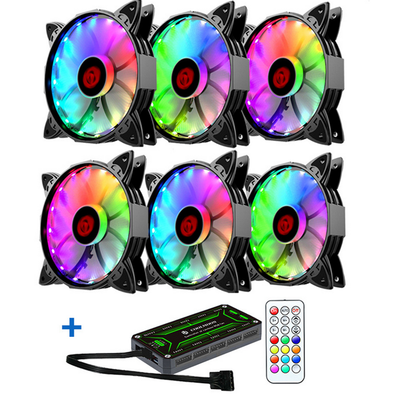Coolmoon 6PCS調節可能なRGB LEDライトコンピューターケースPC冷却ファンリモコン付き