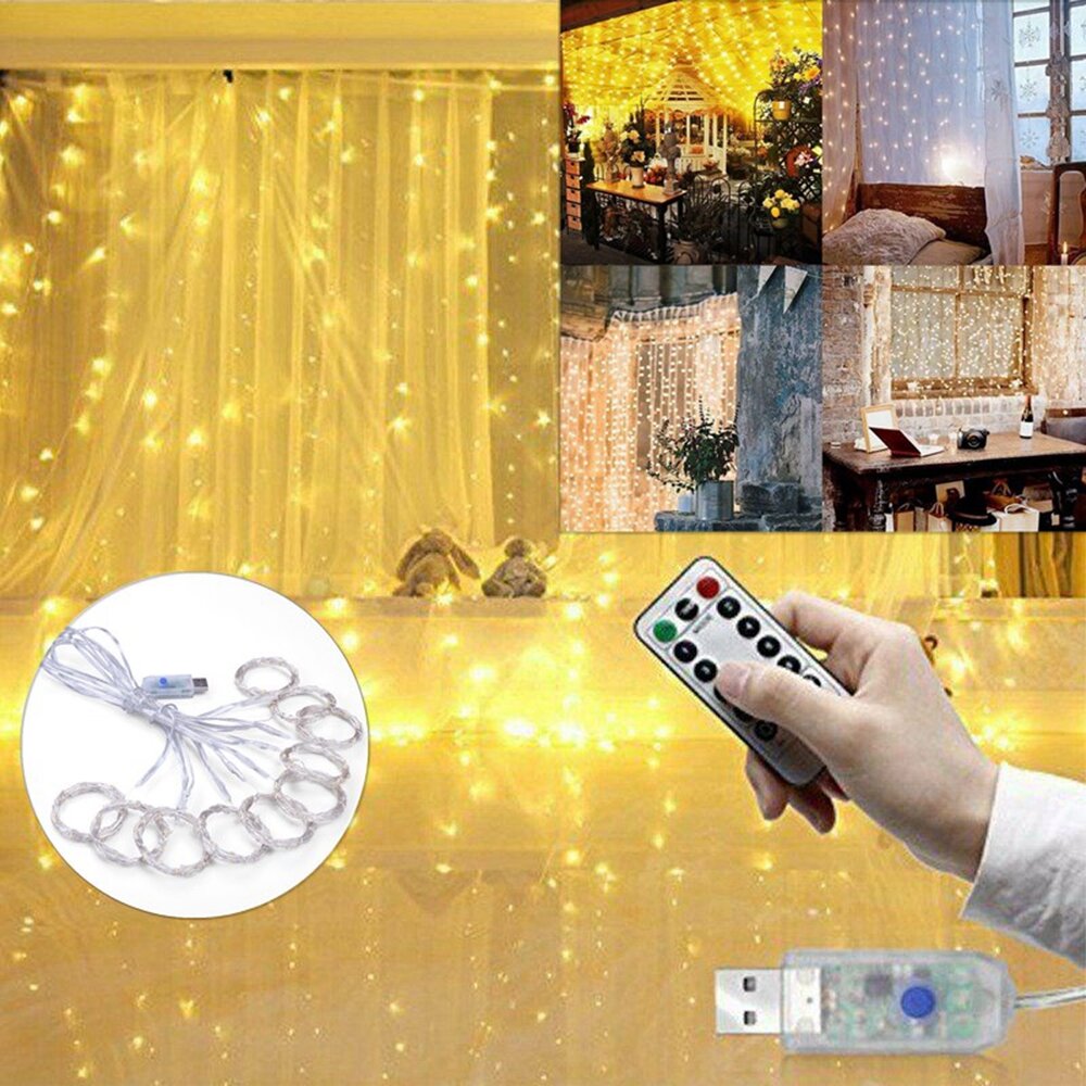 3M*3M Outdoor USB 8 Modes 300LED Curtain String Light Fairy Christmas Lights Wedding Lamp Festival Holiday Decor