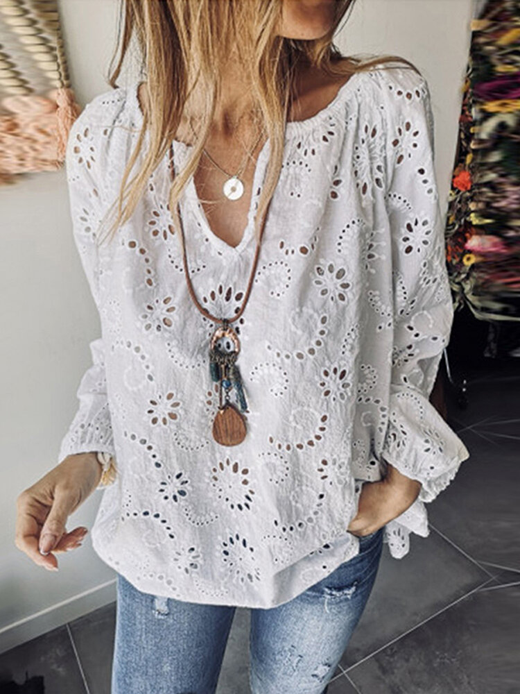 Casual Solid V Neck Loose Hollow Out Blouse