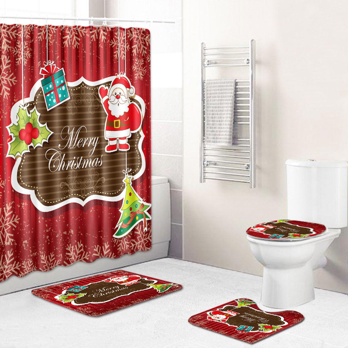 Kerst Kerstman Waterdicht Douchegordijn Set Badmat Set Toilet Cover