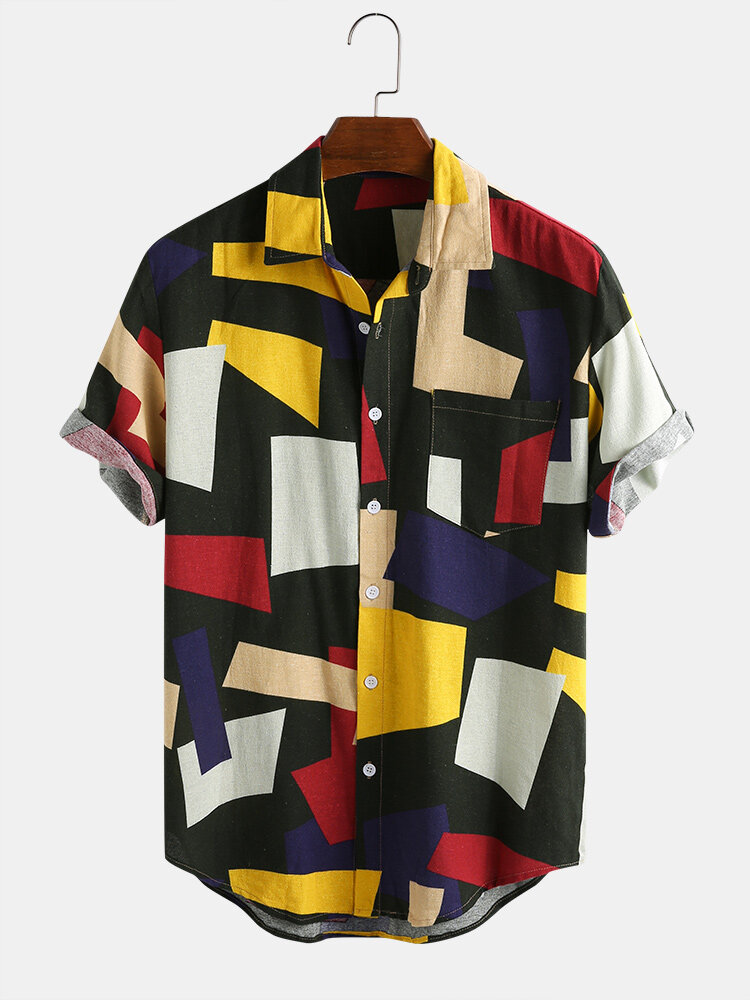 Image of Mens Color Block Cotton Praktische Tasche Kurzarm Casual Shirts