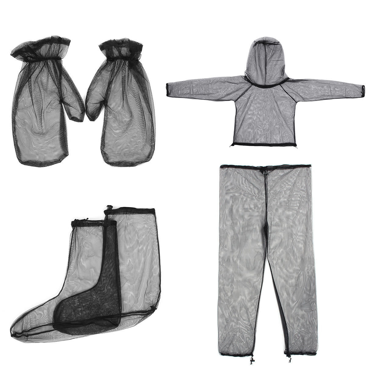 Lichte reis- en kampeerkleding voor buitenactiviteiten van hoogwaardig mesh materiaal, bestaande uit jas, broek, handschoenen en sokken die bescherming bieden tegen muggen.