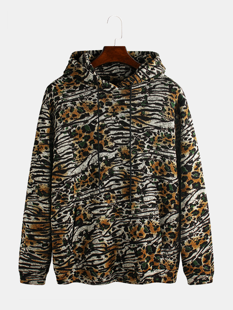 Image of Herren Leopardenmuster Stricken Kangaroo Pocket Hooded Sweatshirt