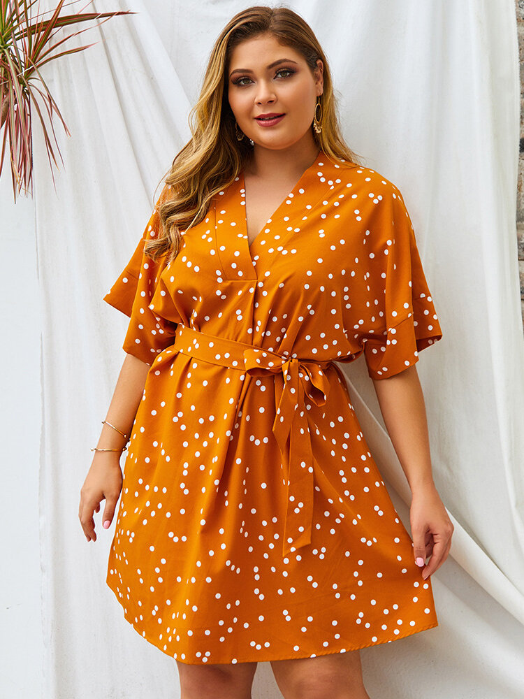 Image of Plus Size Damen Polka Dot V-Ausschnitt Holiday Casual Kleid mit Grtel