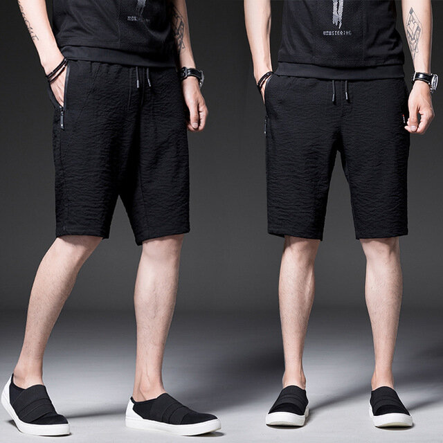Men's Quarter Zipper Pocket Thin Section Five Pants Season Pure Black Shorts
