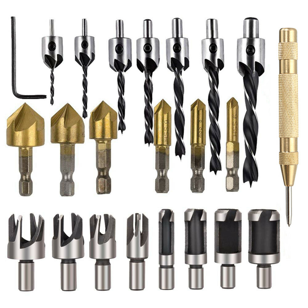 7pcs 5 Flute Countersink Drill Bits and Automatic Center Punch Woodworking Chamfer Drilling Tool Set 8pcs Wood Plug Cutter 6pcs 3-Pointed Countersink Drill Bit with L-Wrench 