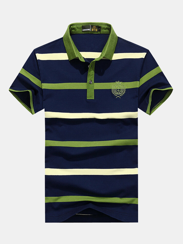 Mens business striped printed turn-down collar golf shirt short sleeve ...