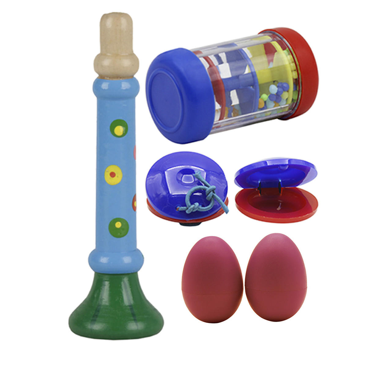 4-piece Set Orff Musical Instruments Sand Eggs/Rain Ring/Small Horn/Plastic Castanets for Children