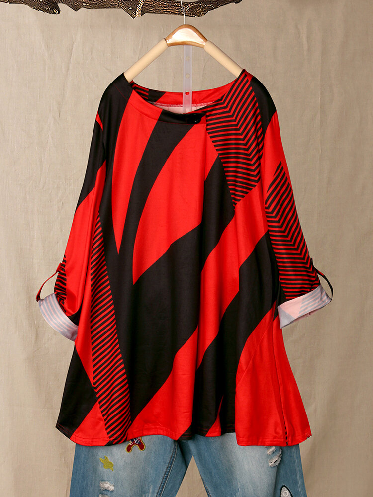 

Plus Size Contrast Color Stripe Long Sleeve Women Blouse