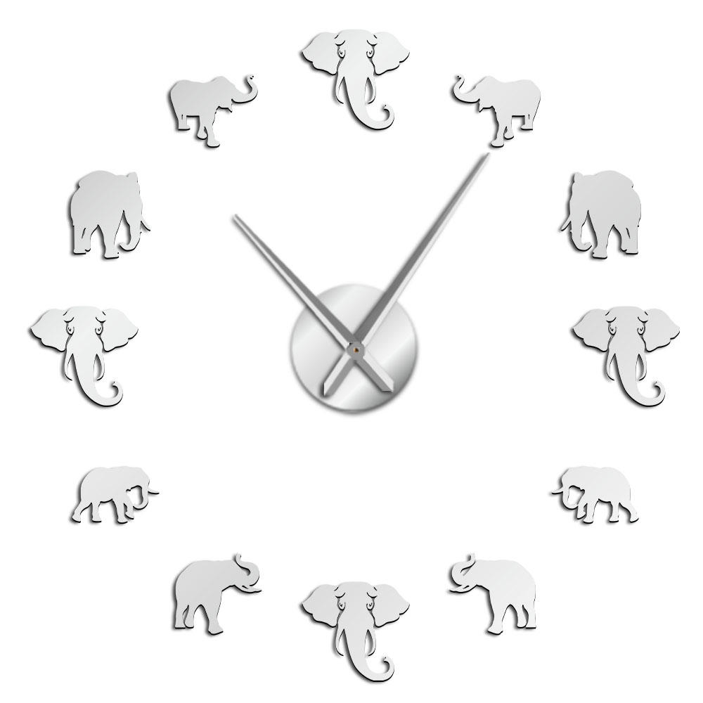 Jungle Animals Elephant DIY Large Wall Clock Home Decor Modern Design Mirror Effect Giant Frameless Elephants DIY Clock