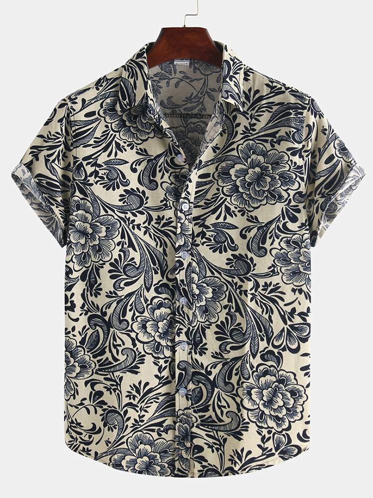 Men Cotton Ethnic Pattern Floral Print Oriental Short Sleeve Shirts