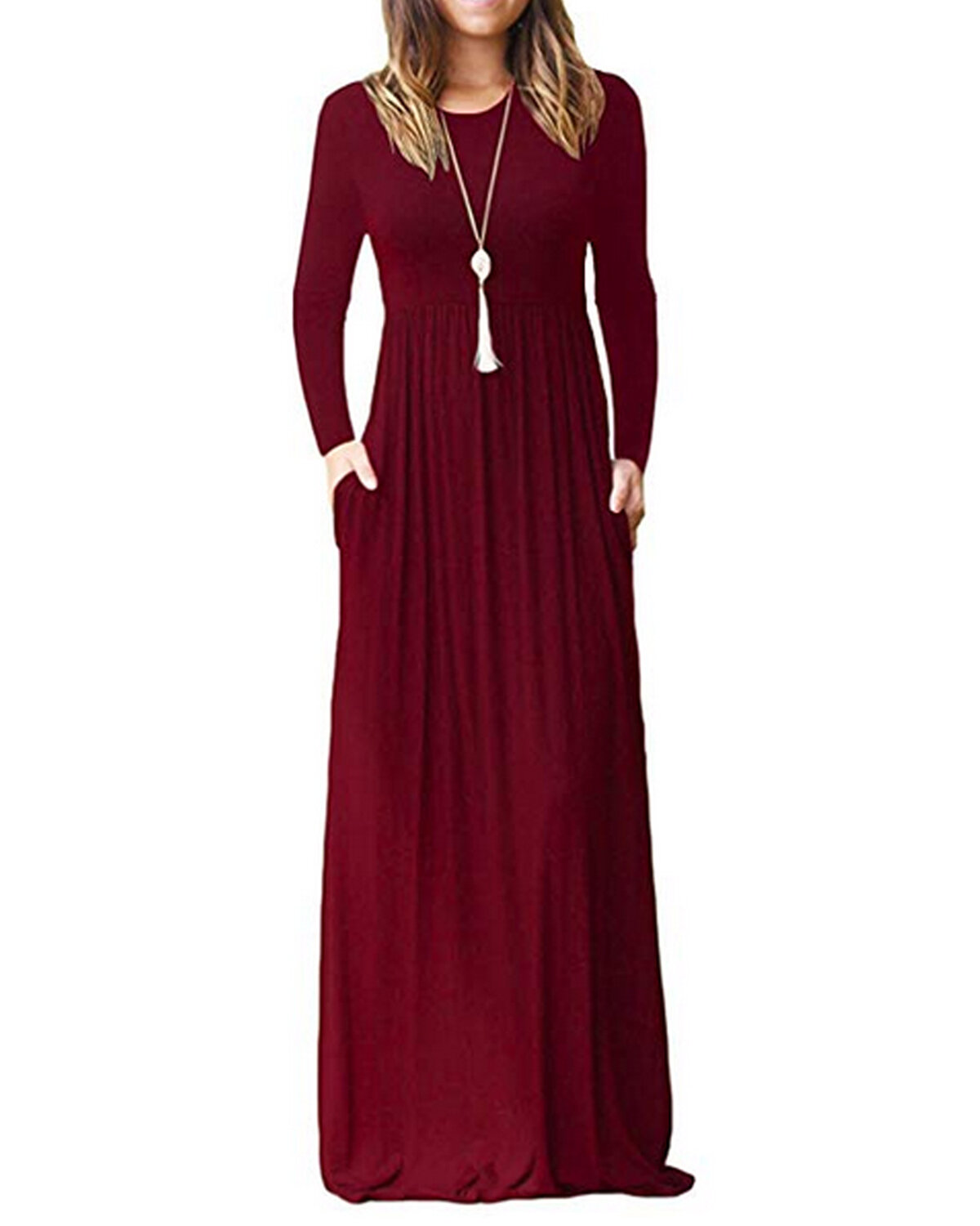 Women Long Sleeve Loose Solid Casual Long Maxi Dress with Pockets