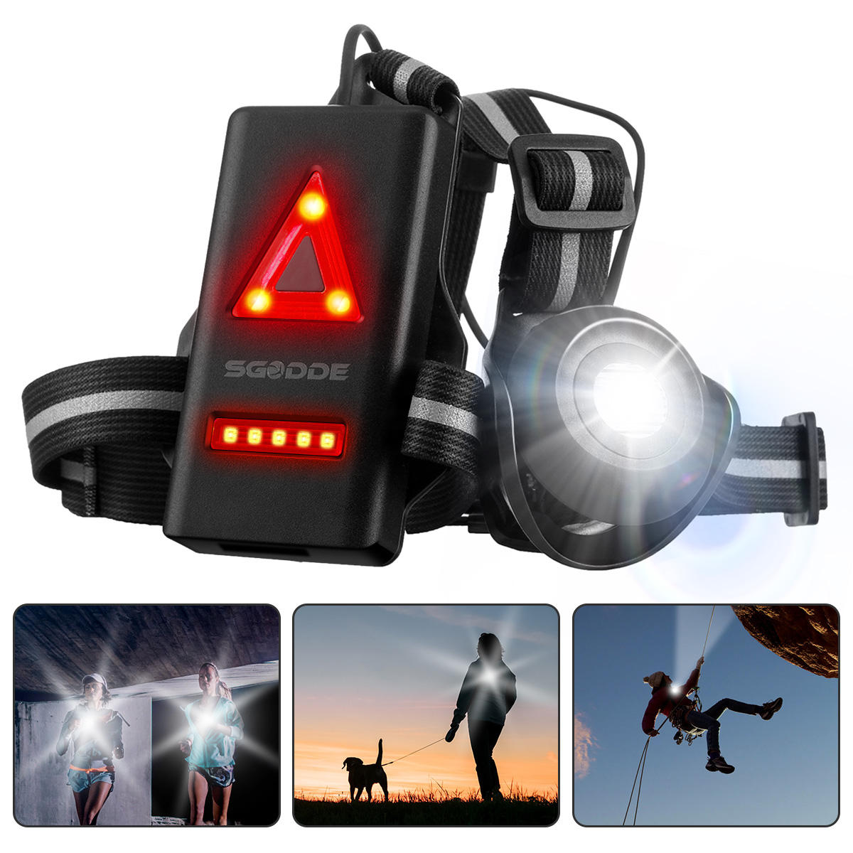SGODDE LED Headlamp Fishing Headlight Bike Running Light Waterproof With 120 � Adjustable Beam Safety Warning Belt With