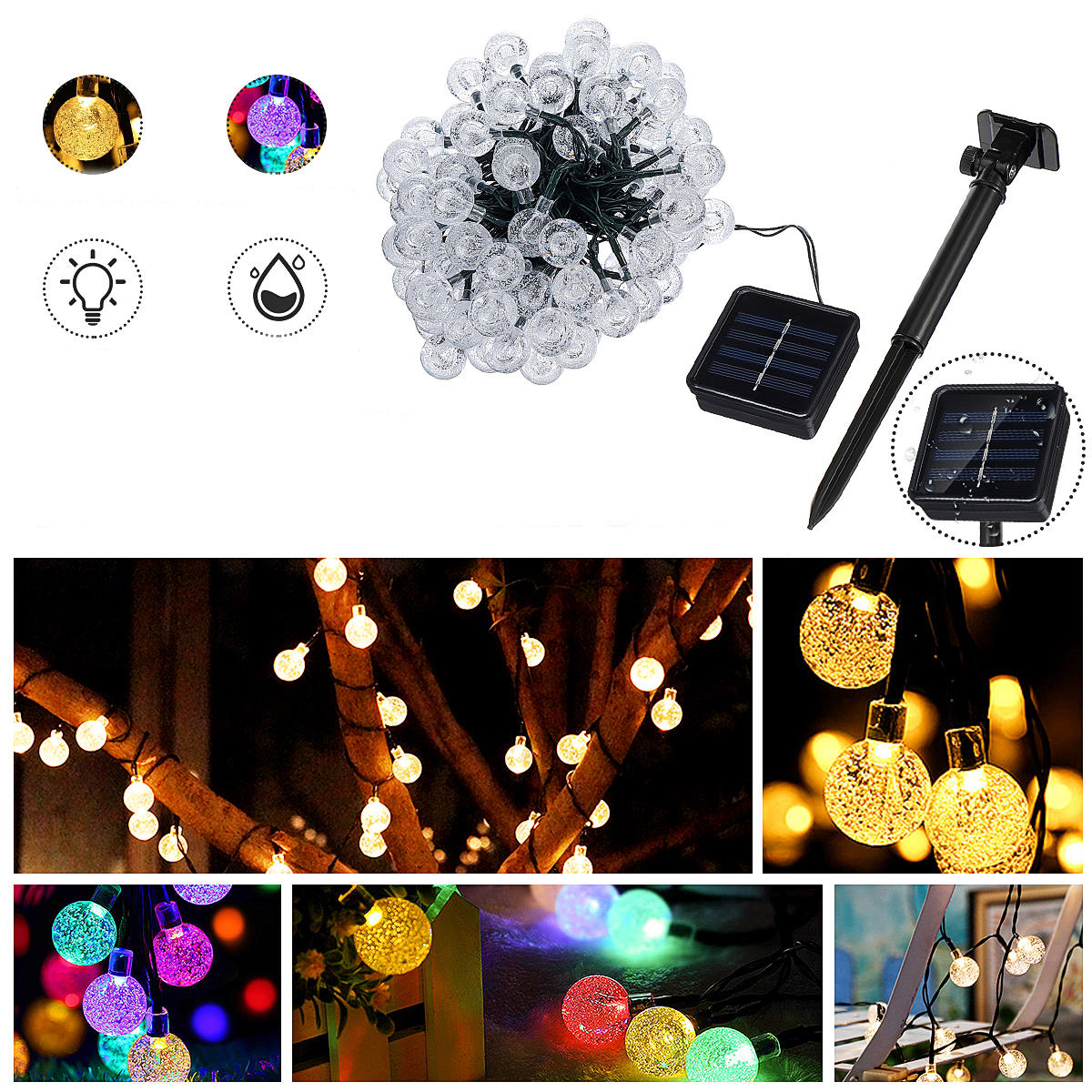 Zonne-energie 12M 100 LED Crystal Ball String Fairy Light voor Garden Christmas Tree Decorations Lig