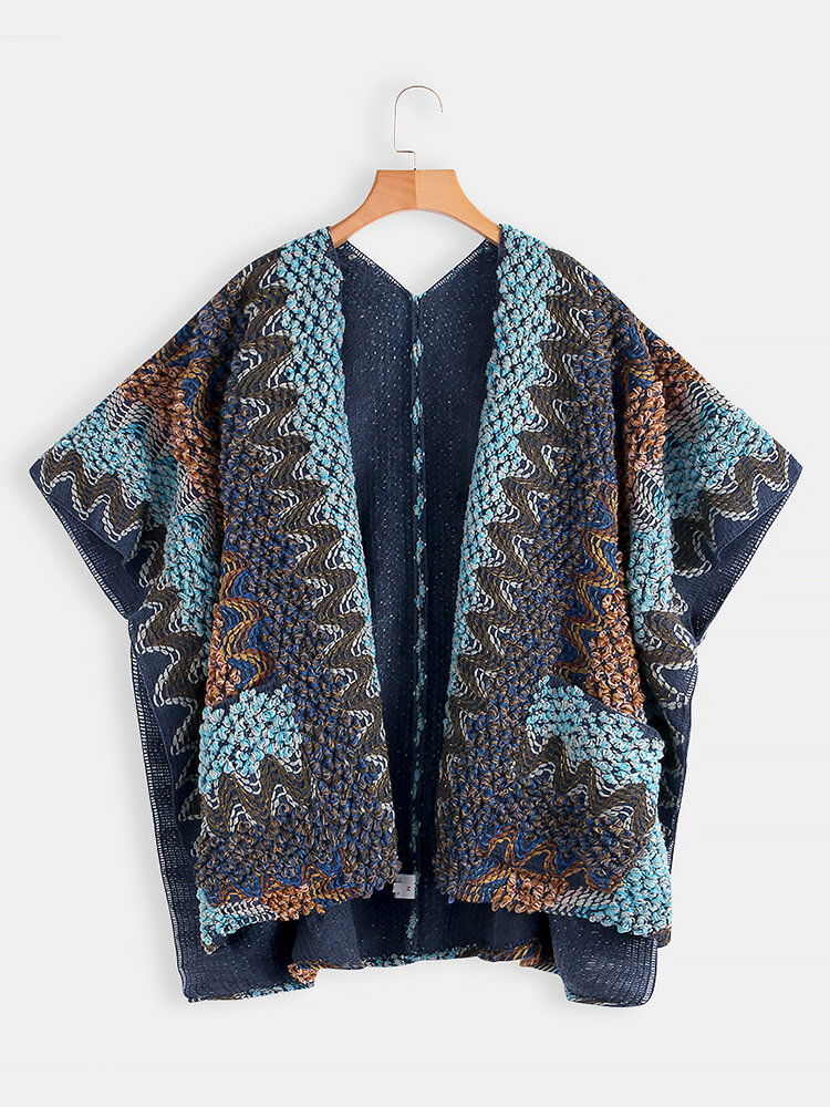 Women Printed Cardigan Shawl V-neck Batwing Sleeve Sweaters with Pocket