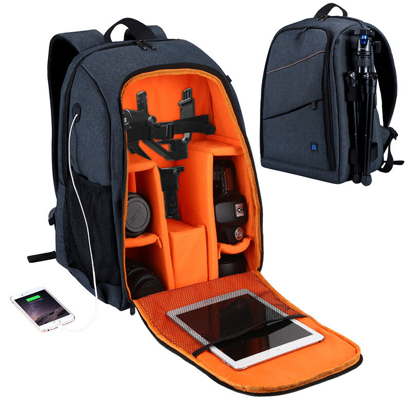 IPRee® حقيبة كاميرا محمولة مقاومة للماء حقيبة تصوير ظهرية حقيبة لابتوب 15.6 بوصة حقيبة سفر مع مقبس سماعة USB