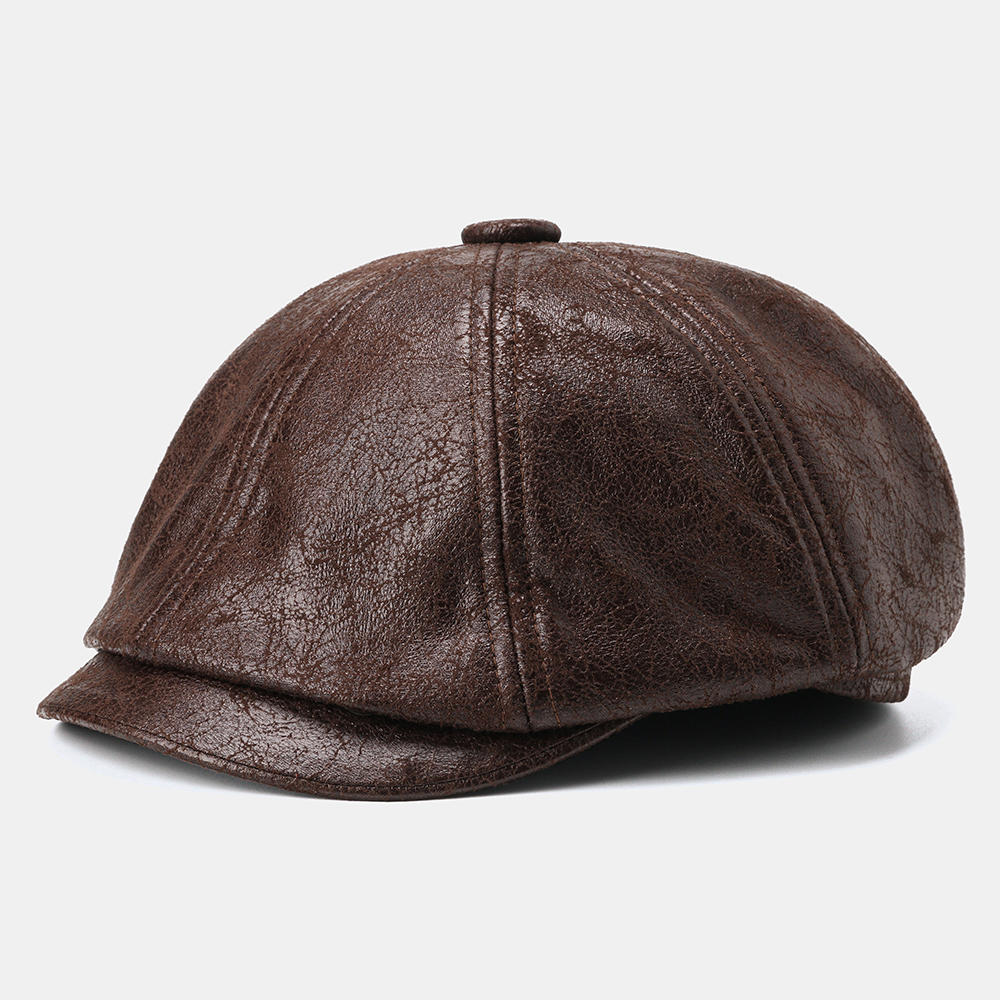 Men Cracked PU Leather Newsboy Hat Retro Beret Caps