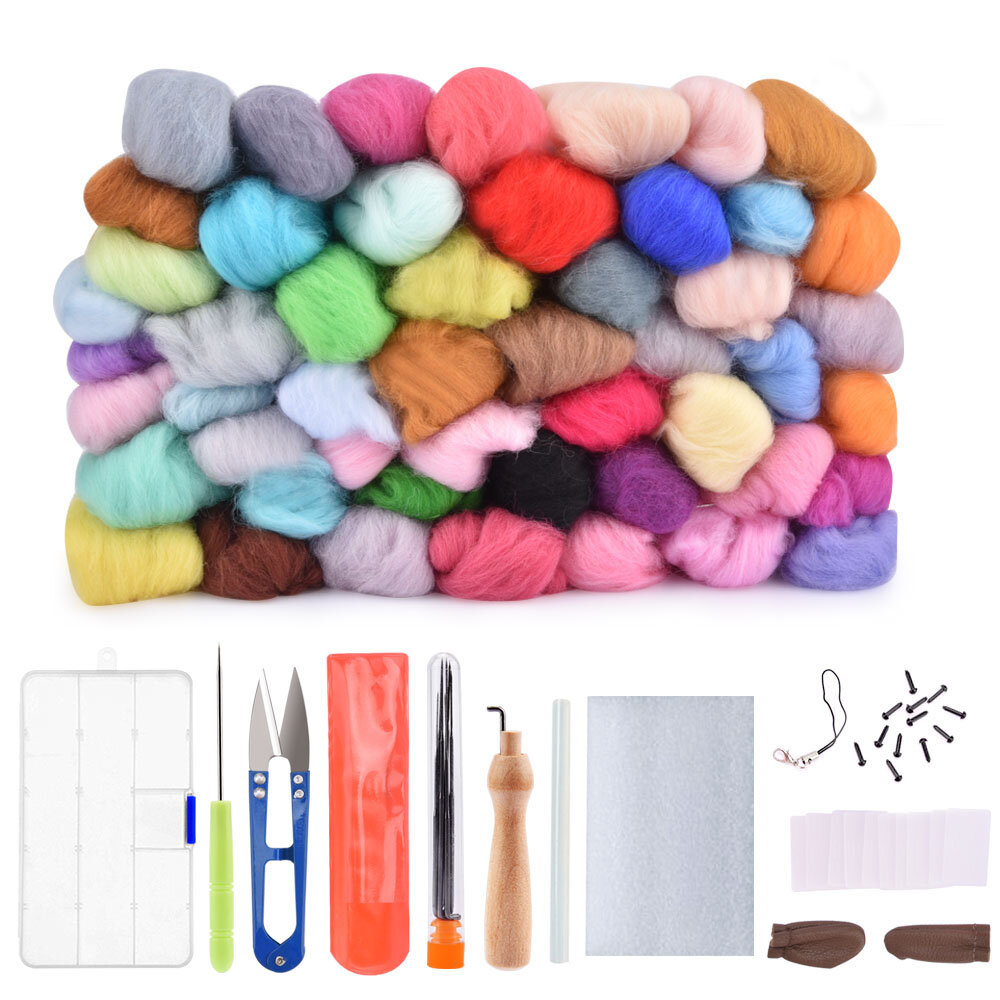 50 Color DIY Wool Felt Kit Needles Tool Set Handmade Needle Felting Mat Starter Fabric Sewing Kit fo