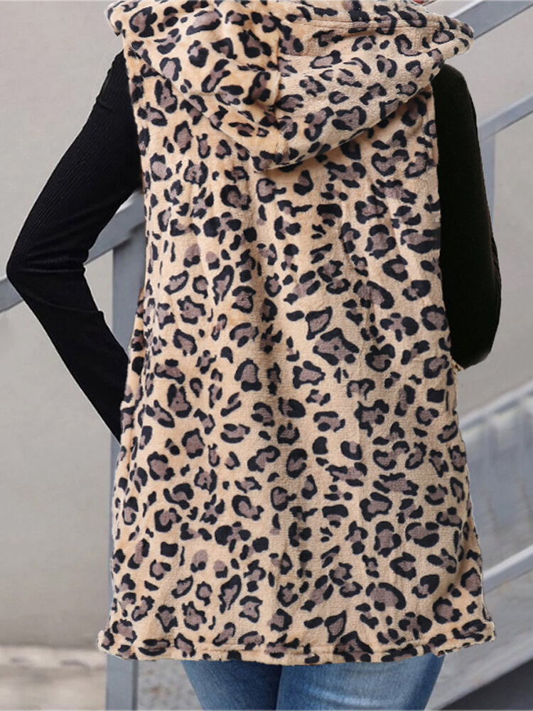 Leopard Print Hoodie Women Sleeveless Casual Coats with Zipper