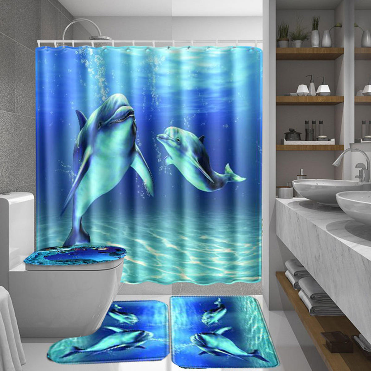 

Ocean Dolphin Waterproof Bathroom Shower Curtain Non-Slip Rug Set Pedestal Rug Lid Toilet Cover