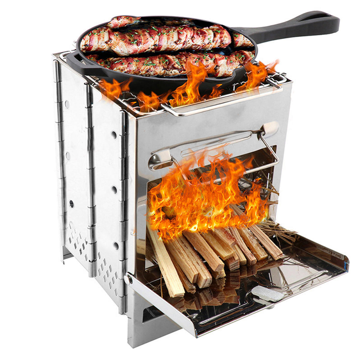 IPRee® Barbecue extérieur réglable en acier inoxydable pour camping et pique-nique avec poêle à bois