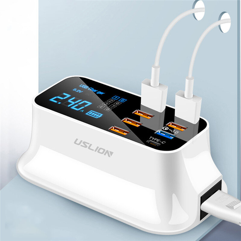 USLION 40W 8A QC3.0 LCD Display Voltage&Current Real-Time Monitoring 8-Port EU Plug US Plug USB Charger Docking Station