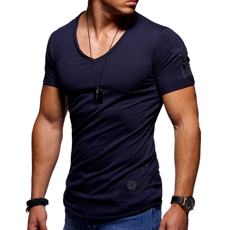 Mens zipper design breathable solid color o-neck short sleeve t-shirts ...