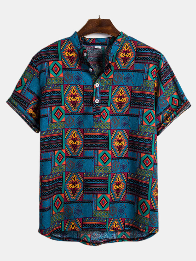 Mens zomer etnische stijl afgedrukt Turn-Down Colla shirts
