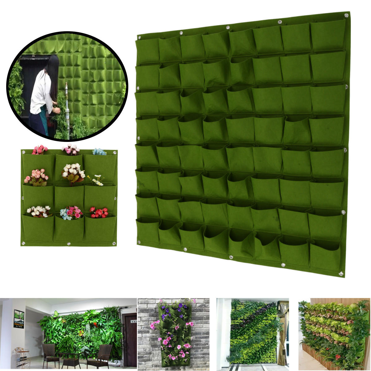 9-64 Pockets Plant Pot Felt Vertical Garden Hanging Green Wall Planters Pouch Bag