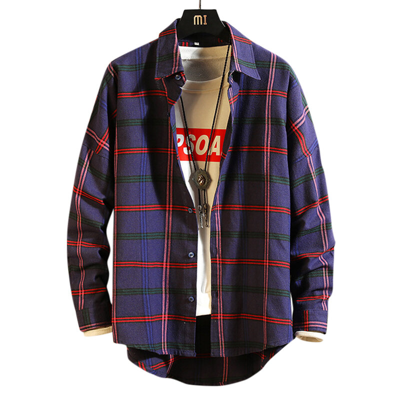 Cotton casual plaid turn down collar loose fit long sleeve shirts for ...