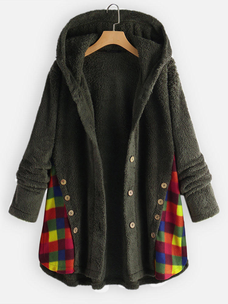 Lattice splice irregular hem hooded fleece coats with button Sale ...