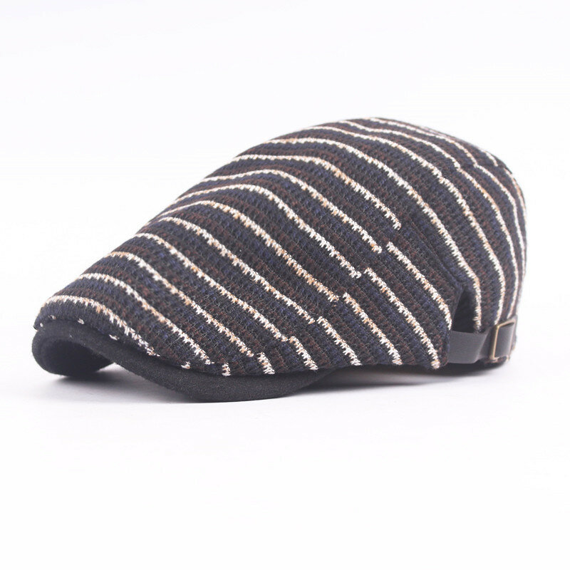 

Mens Washed Knitted Stripe Beret Caps Outdoor Sport Adjustable Visor Forward Hats