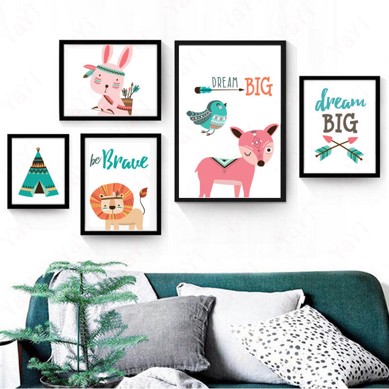 

Nordic Frameless Cartoon Animal Bears Pink Deer Poster Wall Art Canvas Paintings Nursery Pictures For Baby Kids Room Dec