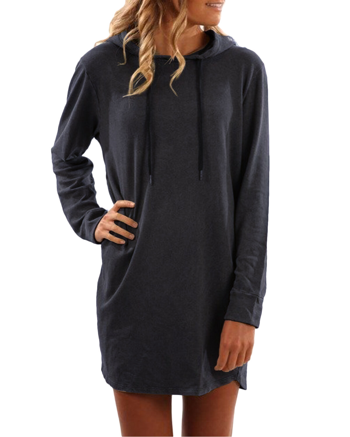 Women Long Sleeve Pullover Drawstring Sweatshirt Casual Midi Hoodie Dress