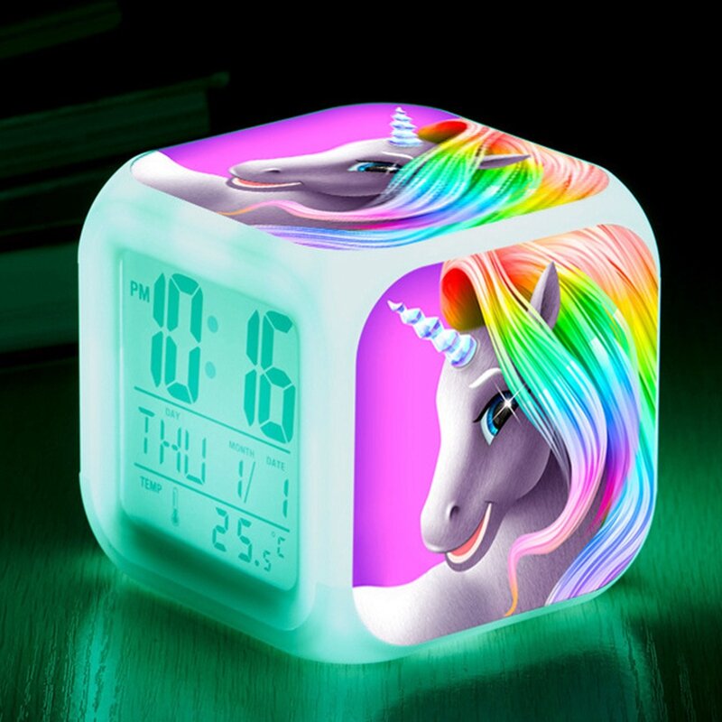 

7 Colors Digital Alarm Clock Cute LED Table Clock Time Date Temperature Display Home Decorations