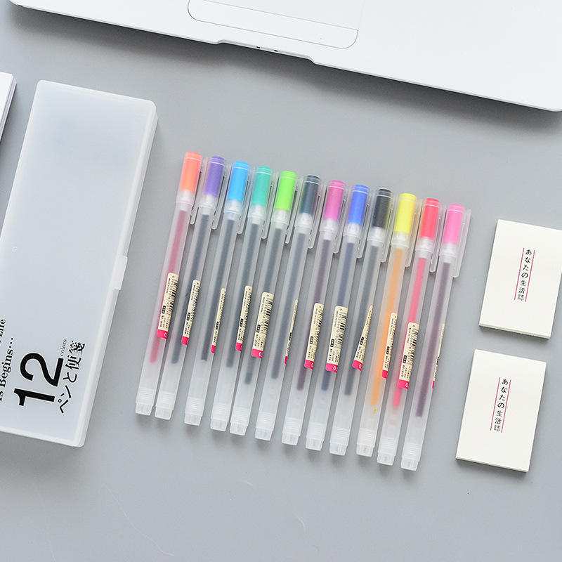 YOUFAN YF18-142 Creative Simple Translucent Scrub Stationery Pencil Case with 12-color Pens and 2 Sticky Notes