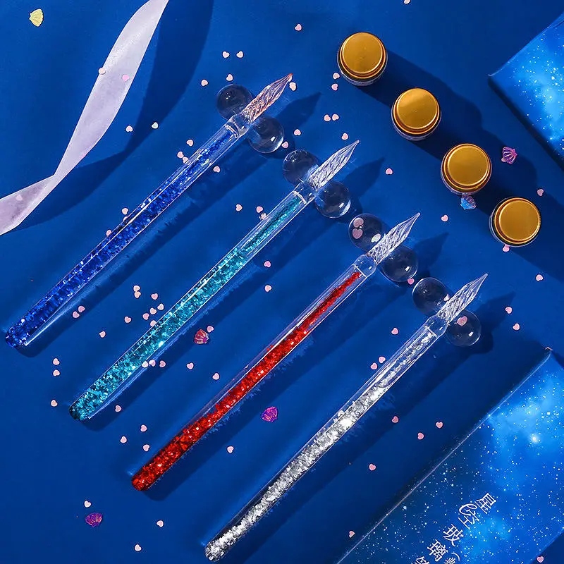Zanmoo s0009 dreamy glass dipped ink fountain pen gift set 4/7 pcs per set creative quick sand glass pen crystal pen set